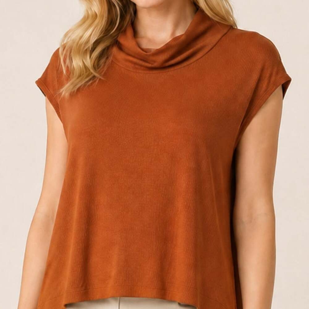 LNA Sleeveless Mock neck Sweater XL Ribbed Knit Rust Brown High Low Hem